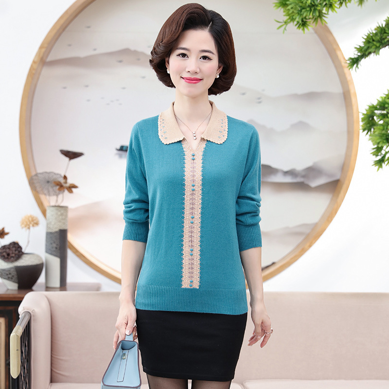 Middle-Aged and Elderly Women's Sweater with a Fake Cardigan Collar, Plus-Size Mother's Knitwear, New Autumn and Winter Fashion Plus-Size Sweater