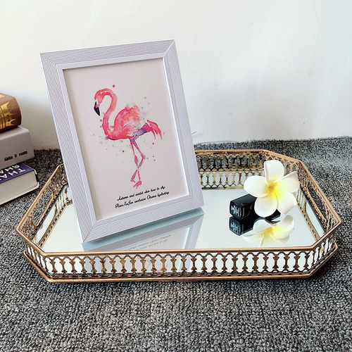 European light luxury glass mirror tray metal storage living room coffee table water cup tea tray model room decoration fruit plate
