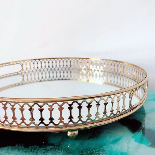 European light luxury glass mirror tray metal storage living room coffee table water cup tea tray model room decoration fruit plate
