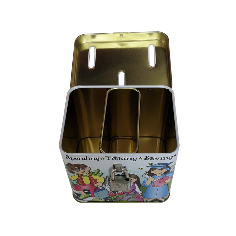 带锁卡通图案存钱罐 方形锣底硬币储物盒 创意礼品马口铁储蓄罐