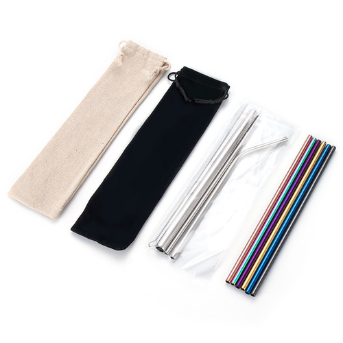 Stainless steel straw set with titanium-plated colorful metal 304 colored straight and curved straws for drinks, stainless steel milk tea straws