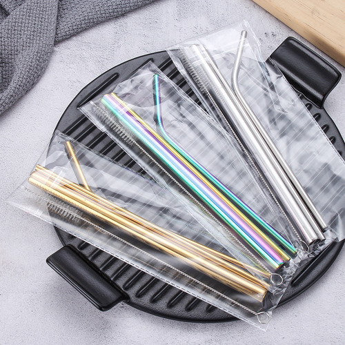 Stainless steel straw set with titanium-plated colorful metal 304 colored straight and curved straws for drinks, stainless steel milk tea straws
