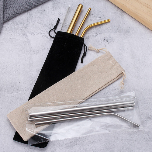 Stainless steel straw set with titanium-plated colorful metal 304 colored straight and curved straws for drinks, stainless steel milk tea straws