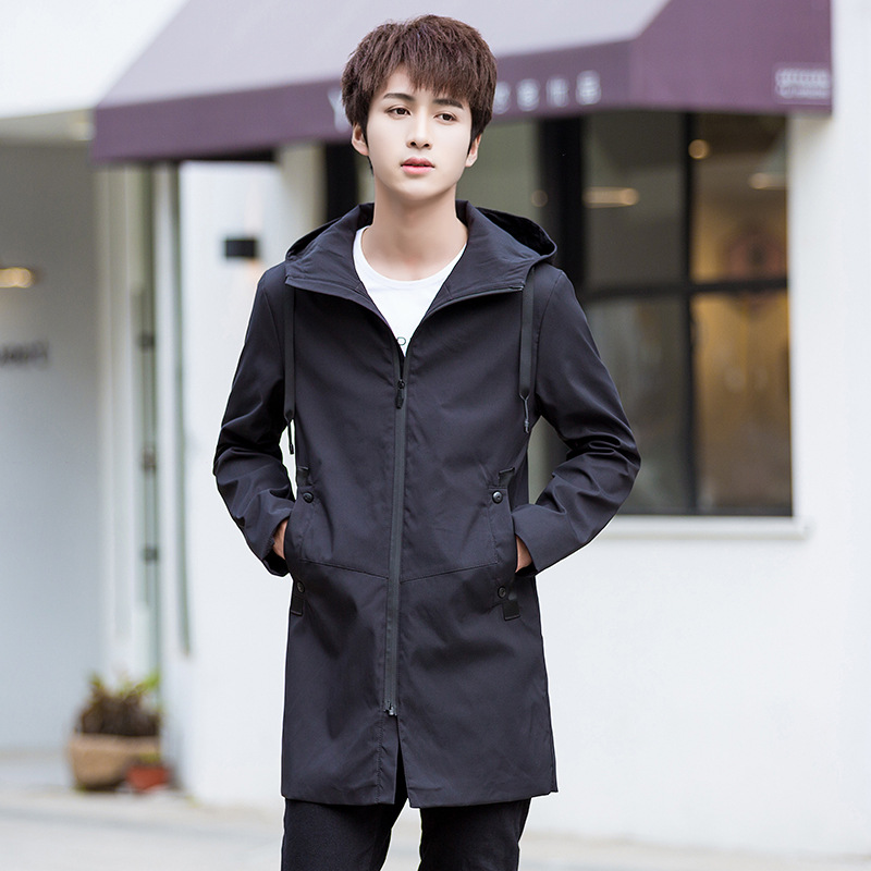 Men's mid-length jacket, new autumn style, plus size, hooded trench coat, solid color, slim fit, trendy outerwear, dropshipping available.