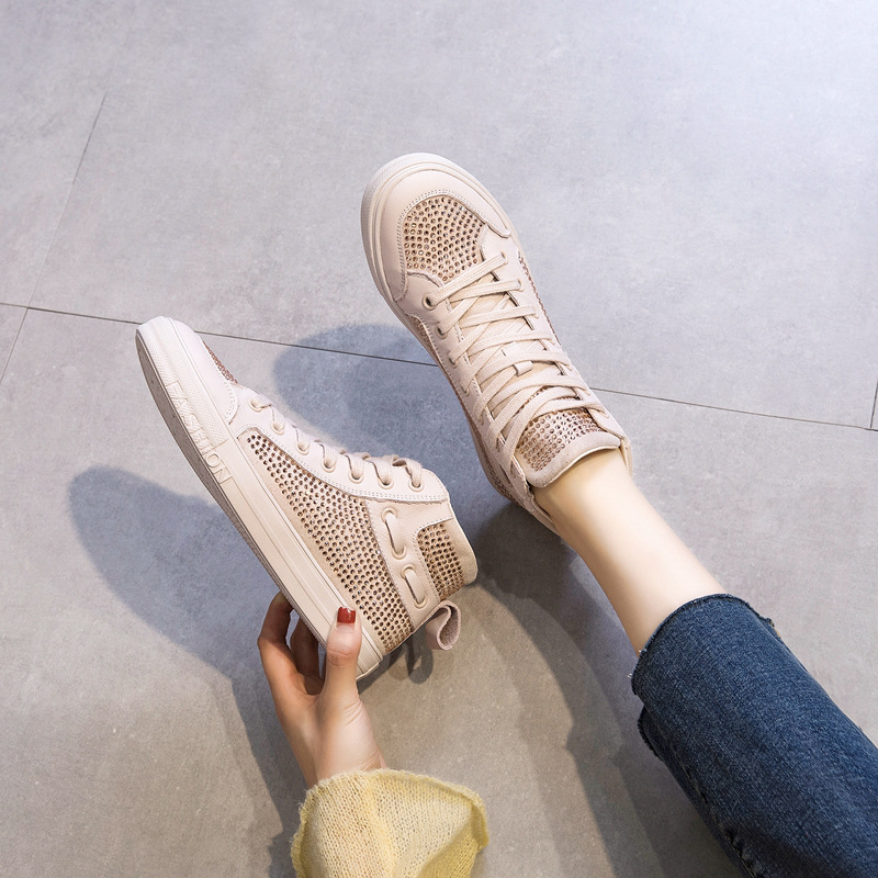 ccvv Women's Shoes 2019 Autumn New Cowhide White Shoes Women's Rhinestone Medium Soft Sole Shoes Fashionable Trendy Single Shoes