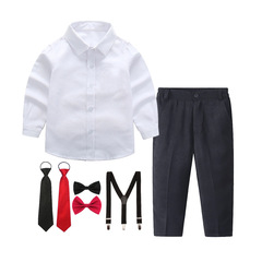 Children's performance white shirt, long-sleeved pants suit, manufacturer's four-piece choral suspender dress set for children and middle-aged children