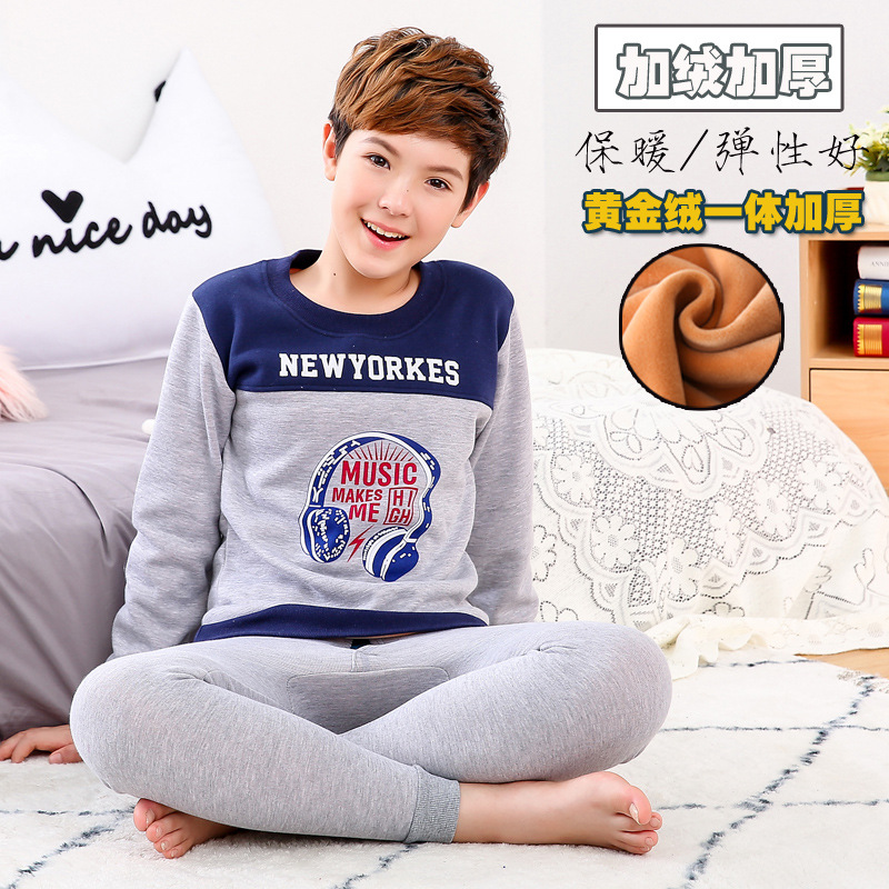 Traje de ropa interior térmica para niños forrado de lana engrosado ropa de otoño para niños medianos y grandes pantalones largos conjunto de niños estudiantes de secundaria suéter de desgaste exterior