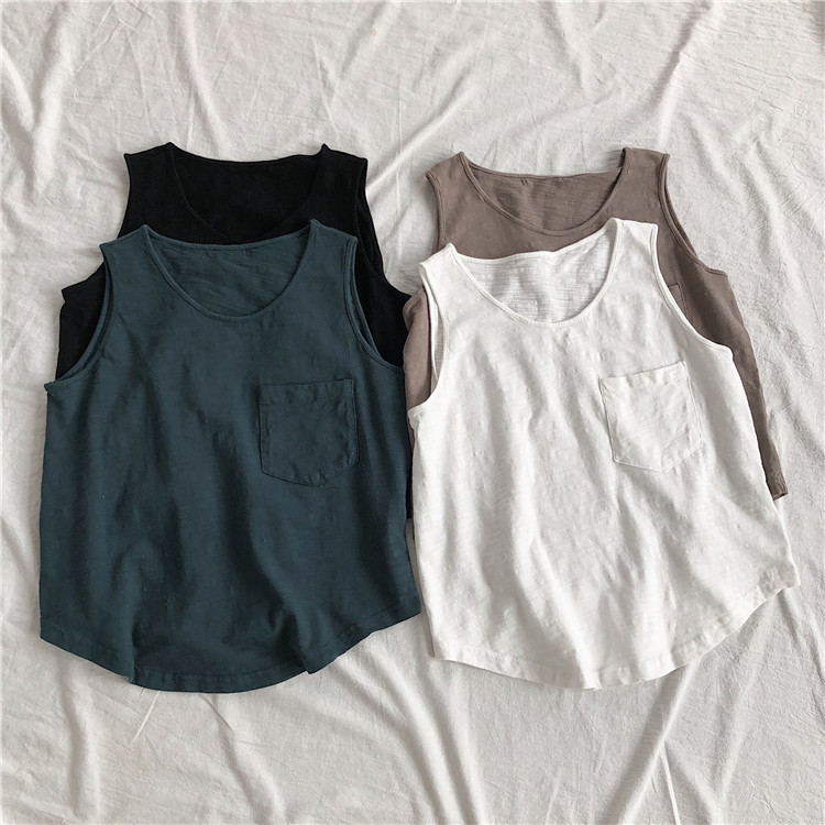 Practical Simple Pocket Small Vest Women's Comfortable Slub Cotton Loose Slim-fit Outer Wearing I-shape Vest