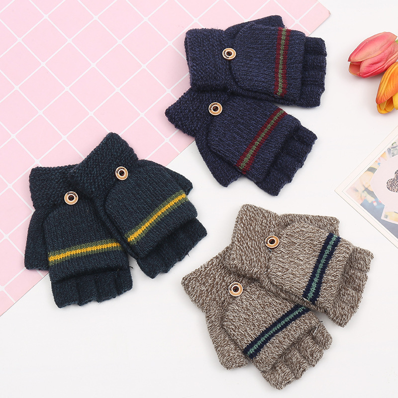 Comercio exterior estilo coreano nueva moda hombres niños de rayas medio dedo Flip guantes invierno viajes caliente fábrica al por mayor
