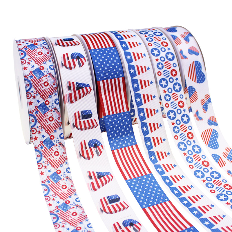厂家热转印美国独立日系列印花3.8CM涤纶罗纹织带礼品包装缎带