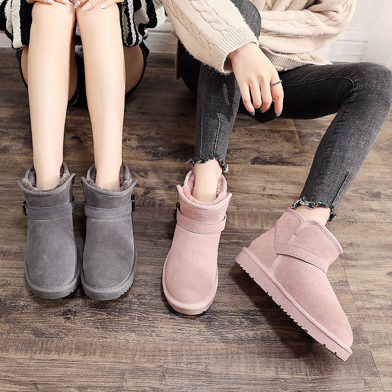 New cowhide snow boots women's short boots thick fur one non-slip bread shoes cotton shoes_voghion.com