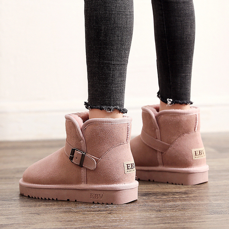 New cowhide snow boots women's short boots thick fur one non-slip bread shoes cotton shoes_voghion.com