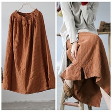 2025设计师款春夏秋通穿简约纯色绣线亚麻宽松大版长款半裙