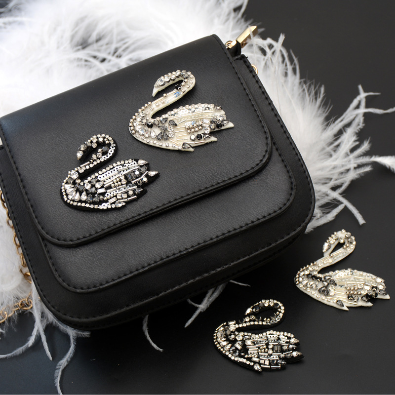 钉珠亮片水钻黑白天鹅布贴 服装包包装饰贴手工DIY辅料手缝