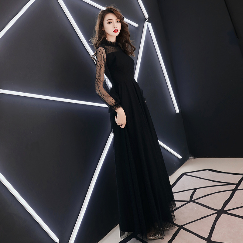 Vestido de noche negro para mujer, nuevo estilo 2025, elegante para banquetes, vestido largo de manga larga con temperamento elegante para reuniones de sociedad