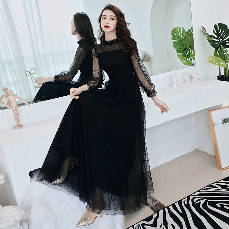 Vestido de noche negro para mujer, nuevo estilo 2025, elegante para banquetes, vestido largo de manga larga con temperamento elegante para reuniones de sociedad