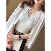 欧洲站2019秋季新款欧货长袖翻领单排扣外穿纯色小开衫女潮知性风