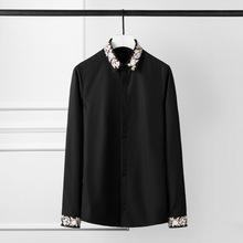 新品中国风金粉花刺绣长袖男式衬衫修身潮男衬衫一件代发