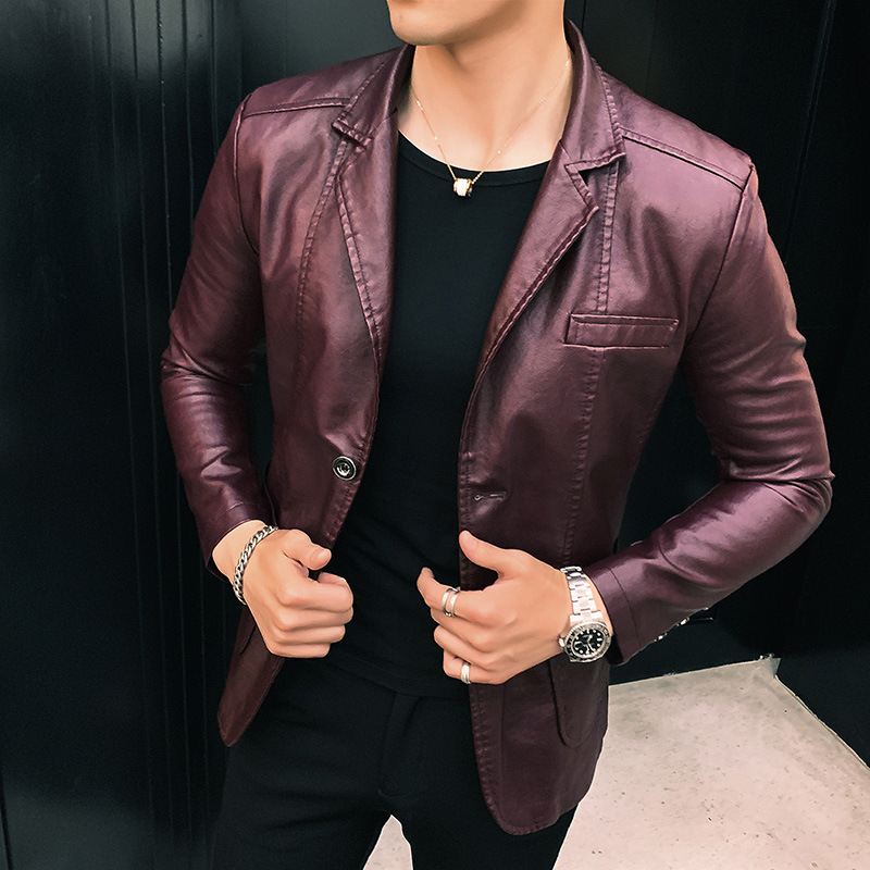 2024 otoño ropa de cuero de PU para hombres, chaqueta de cuero con cuello de traje delgado para jóvenes, chaqueta de cuero informal de negocios para hombres, chaqueta de cuero para hombres