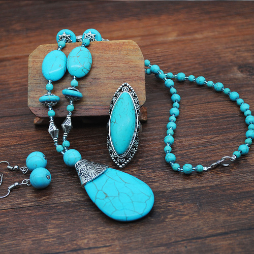 Cross-border ethnic style turquoise sweater chain beaded necklace women's jewelry earrings ring jewelry set Yiwu accessories