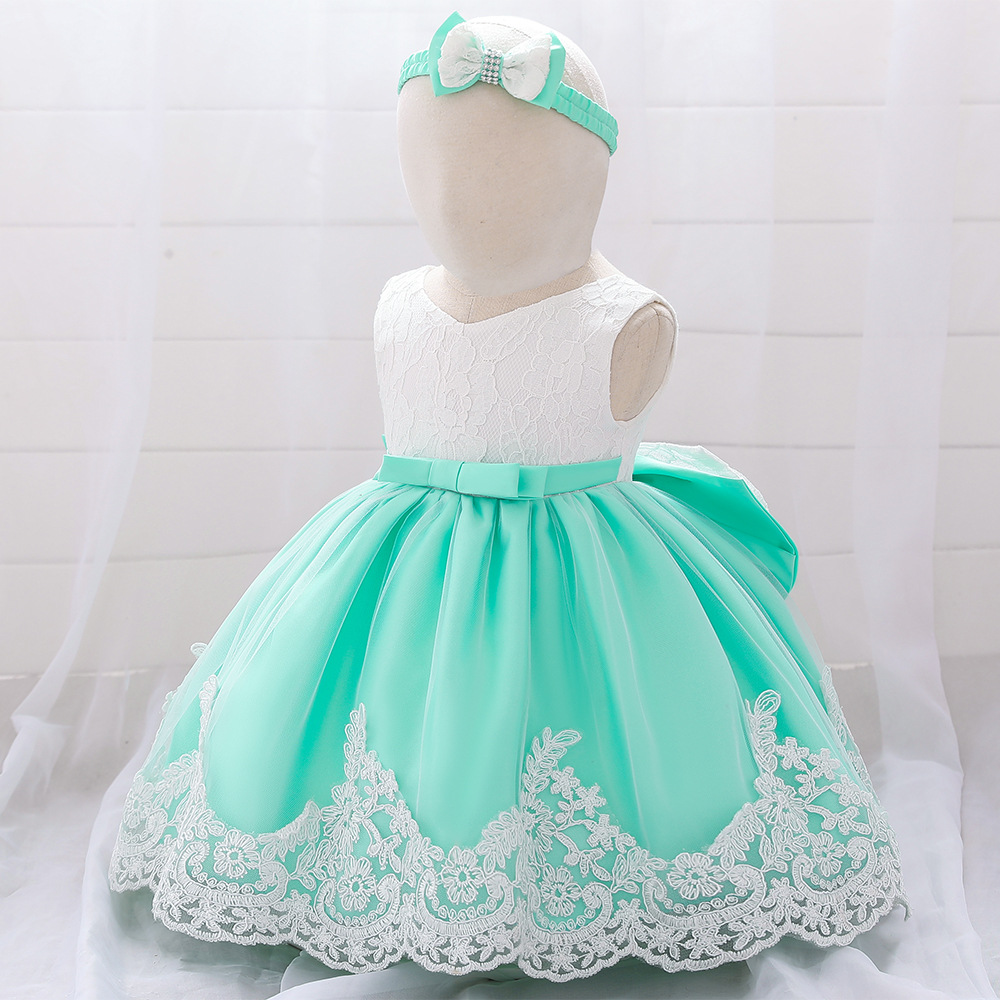 Amazon nueva princesa infantil vestido de los niños arco femenino costura lavado vestido 1-3Y vestido de encaje
