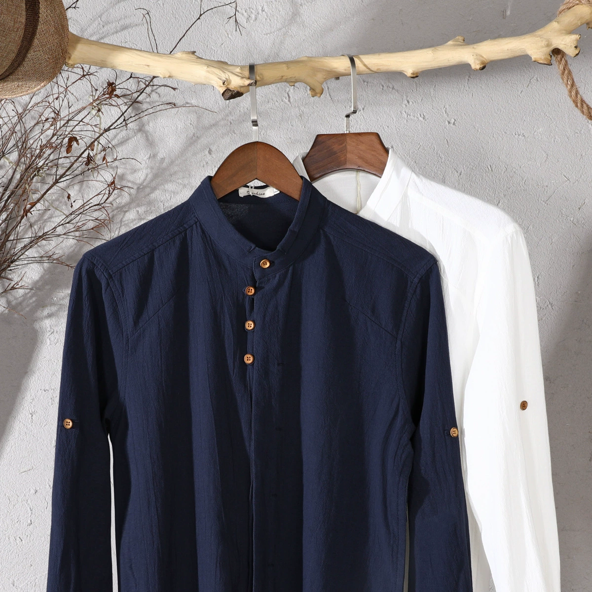 Ретро рубашка, хлопок и лен, slim fit