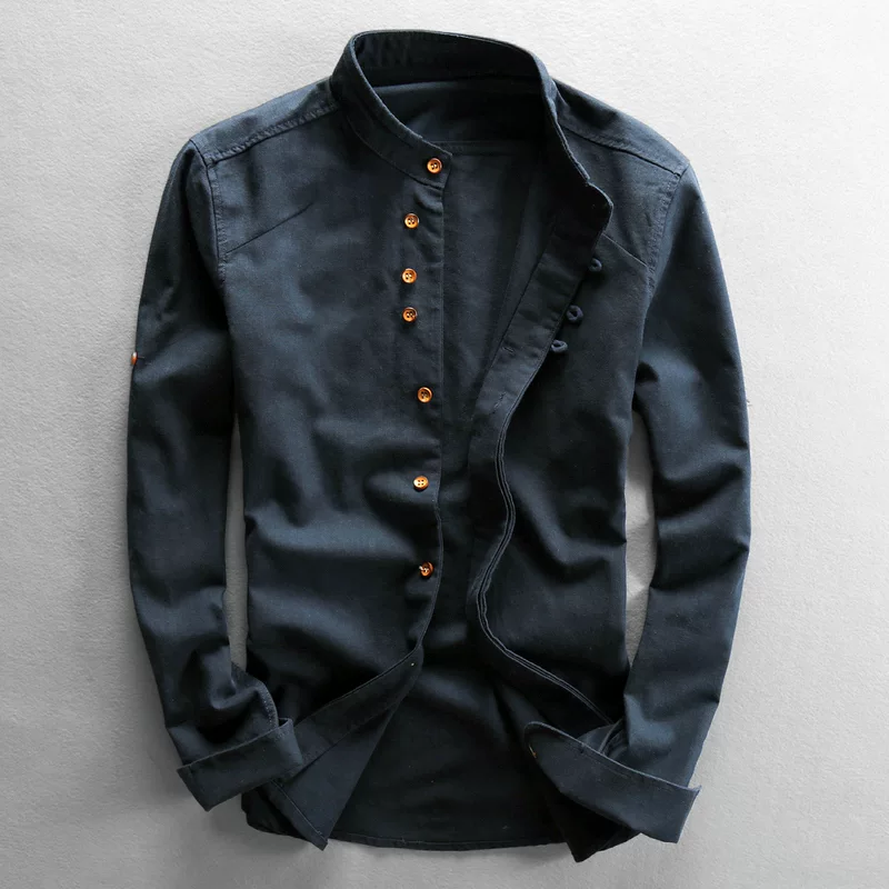Ретро рубашка, хлопок и лен, slim fit
