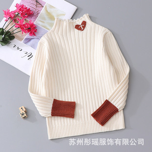 Girls' Sweater Children's New Knitted Sweater Girls' Spring and Autumn Thin Autumn Clothing Women's Fleece-Lined Pullover Stylish Base Shirt