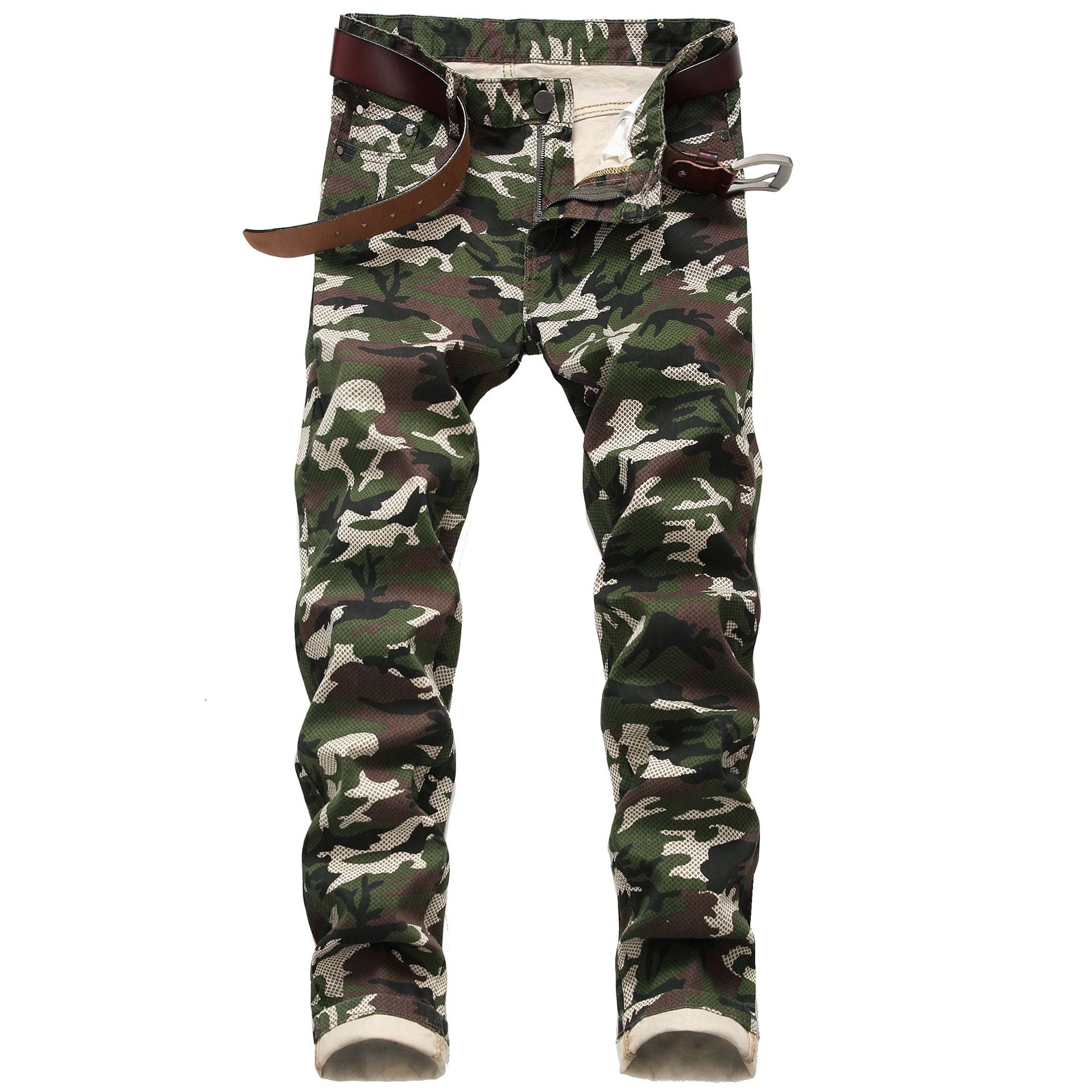 Oferta transfronteriza pantalones vaqueros de camuflaje de los hombres de la personalidad de los hombres Slim stretch ejército verde impreso pantalones Casuales