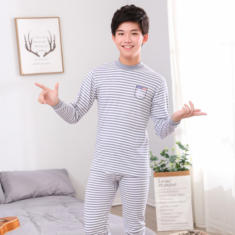 Ropa de otoño para niños medianos y grandes para hombres pantalones largos traje suéter de algodón de Cuello medio alto adolescentes estudiantes de secundaria cubierta de ropa interior cálida de algodón puro