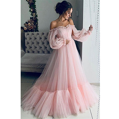 2020 nueva ropa de mujer de comercio exterior europeo y americano deseo fuera del hombro de malla de manga larga vestido de novia vestido de columpio grande Nuevo