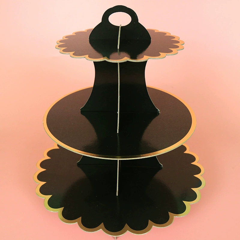 Disposable Three-Tier Paper Cake Stand, Gray Cardboard with Gold Edge, 35×30 cm