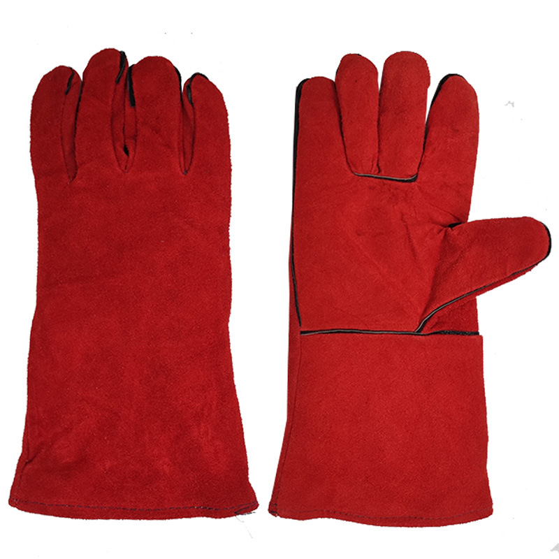 电焊手套长款二层牛皮全掌红色焊接防护手套全皮加长防火耐高温