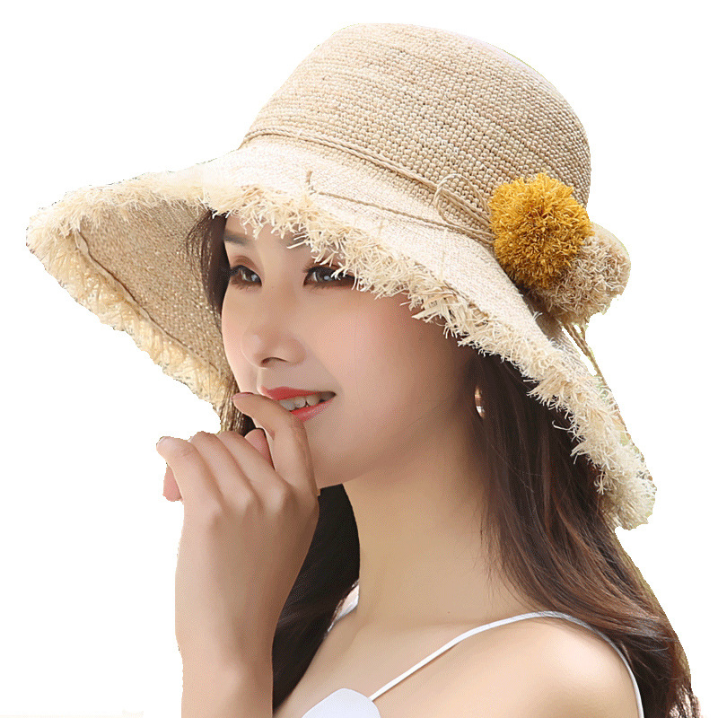 Mũ cói raffia vành rộng chống nắng gấp gọn đi biển — Màu be