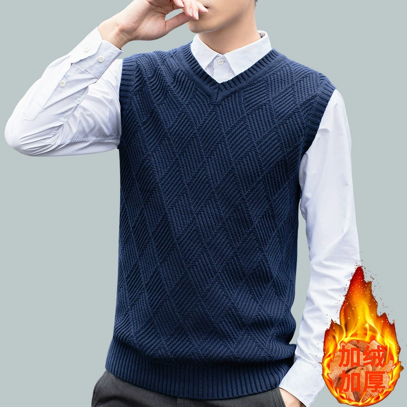 Свитер без рукавов мужской жилет, жилет на флисовой подкладке, вязаный свитер, Мужской пуловер с V-образным вырезом, однотонная жаккардовая утолщенная Базовая рубашка