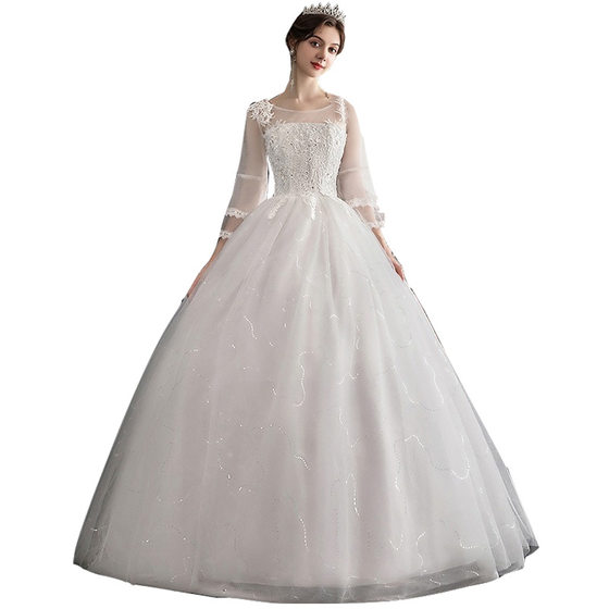 Daifa Wedding Dress 2024 New Style off-shoulder Mid-sleeve Korean Bride Wedding Dress plus size Pregnant Women's Slimming Wedding Dress