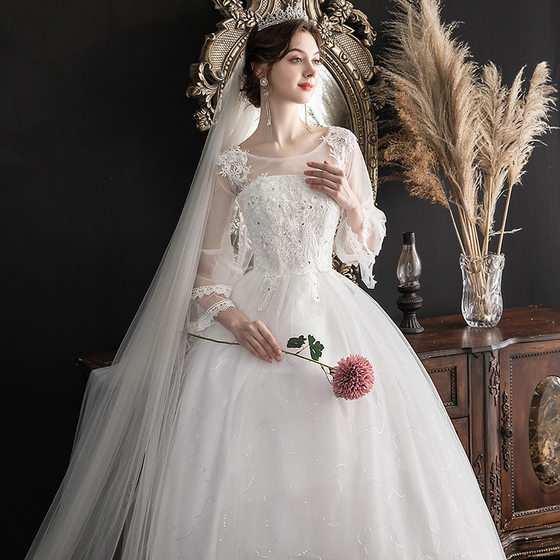 Daifa Wedding Dress 2024 New Style off-shoulder Mid-sleeve Korean Bride Wedding Dress plus size Pregnant Women's Slimming Wedding Dress