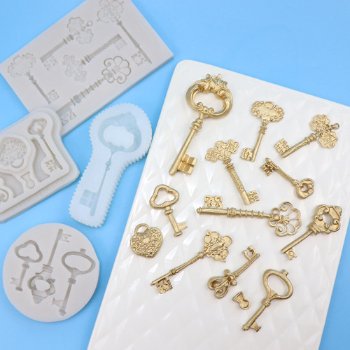 Antique key fondant silicone mold, various key lock cake decorations, creative DIY baking chocolate molds