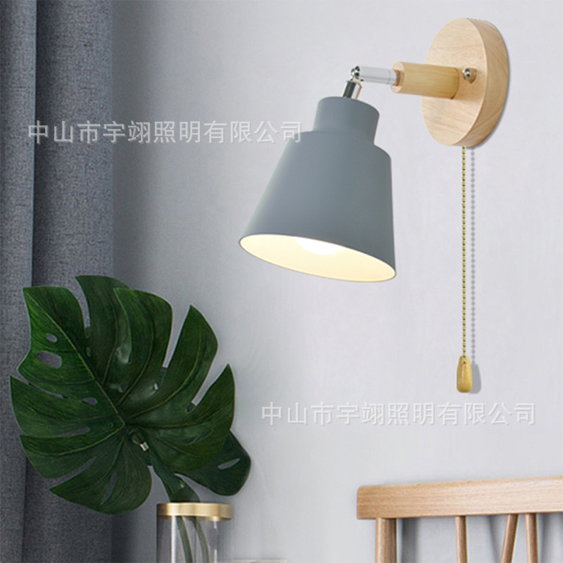 Moderno minimalista macaron lámpara de pared de noche interruptor de cremallera de madera Nordic comedor sala de estar decorativa lámpara de pared de fondo