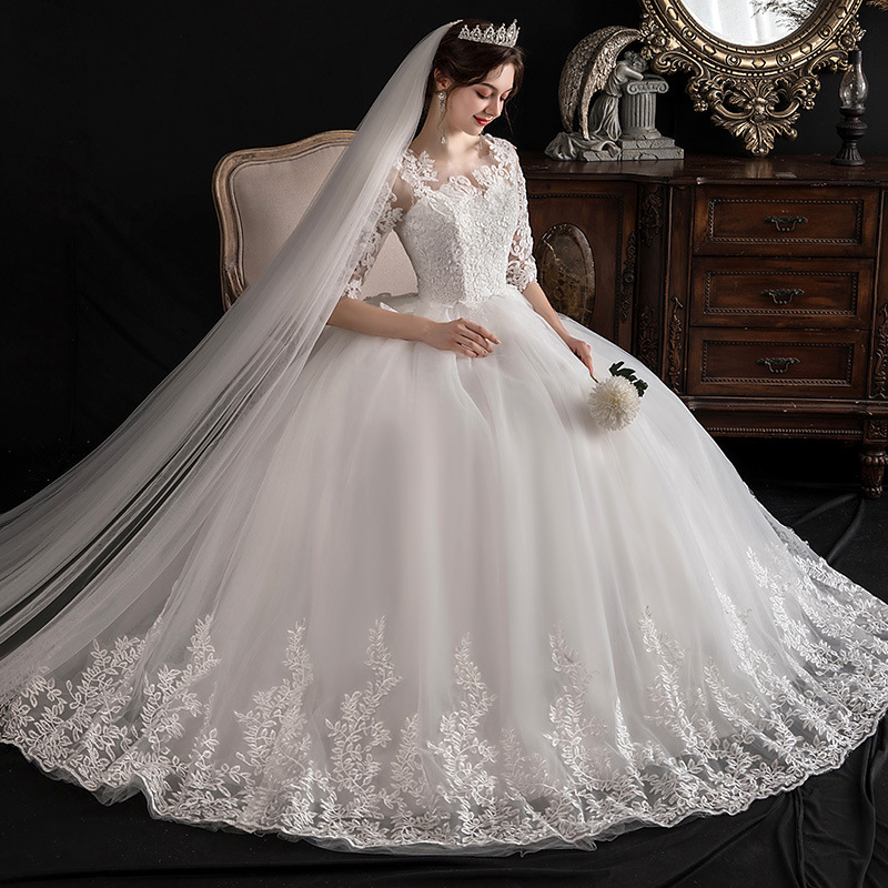 Main Wedding Dress 2026 Spring New Style Off-Shoulder Dreamy Slim-Fit Mid-Sleeve Lace Bride Floor-Length Forest Style Plus Size Wedding Dress
