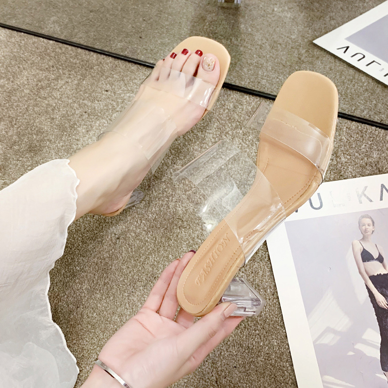 Summer 2021 Fashionable High-Heeled Transparent Slip-On Sandals with Thick Heels, Crystal Heels, Half-Slip-On Style for Women, Korean Style