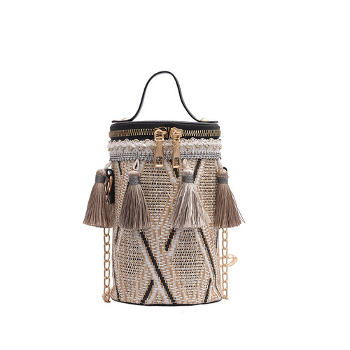 New ins chain ethnic style portable shoulder bag straw cylindrical small bag fairy tassel bucket bag trendy