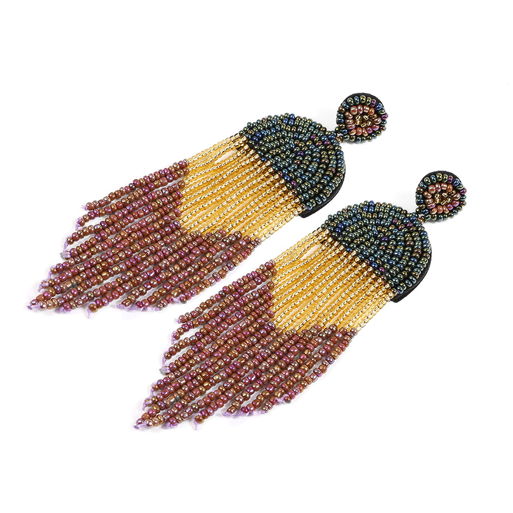 Rice beads tassel earrings Bohemia retro ethnic style exaggerated personality creative foreign trade European and American handmade earrings