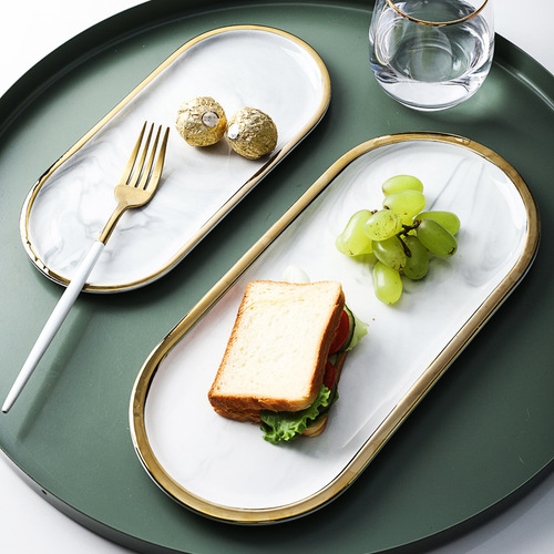 Nordic marble tray with gold edge elliptical plate decorative jewelry storage tray ceramic steak Western dinner plate