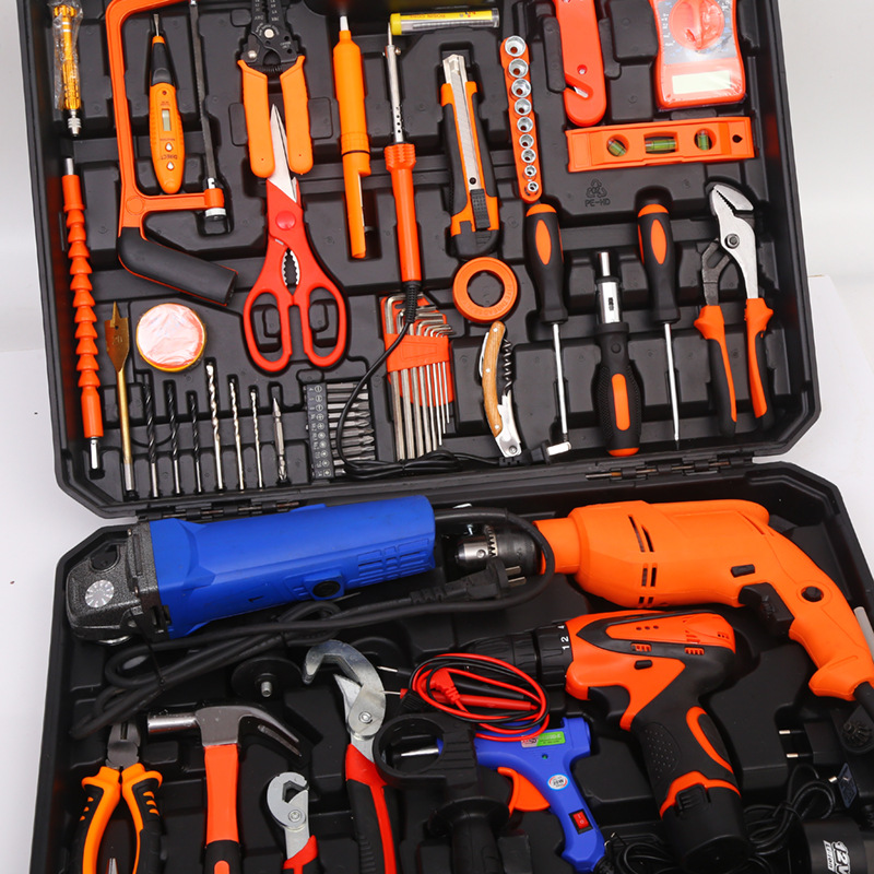 Conjunto de herramientas de hardware personalizado caja de reparación de automóviles eléctricos manuales domésticos taladro eléctrico de litio molino angular conjunto