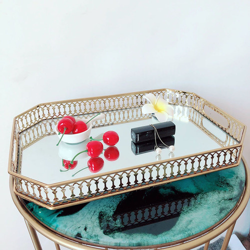 European light luxury glass mirror tray metal storage living room coffee table water cup tea tray model room decoration fruit plate