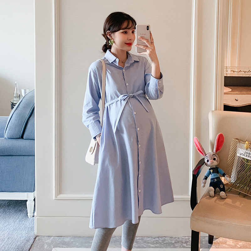 Maternity Wear New Style 2023 Spring and Autum Mid-Length Shirt Dress Long-Sleeved Business Wear Shirt Dress for Breastfeeding
