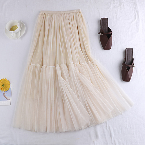 Mesh skirt 2022 autumn and winter new style versatile solid color bottoming skirt small fresh mid-length skirt fairy gauze skirt