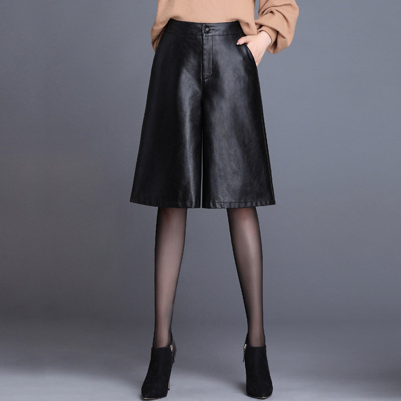 High waist loose fashionable leather pants skirt plus size autumn and winter PU leather wide leg pants mid-length fashionable cropped pants