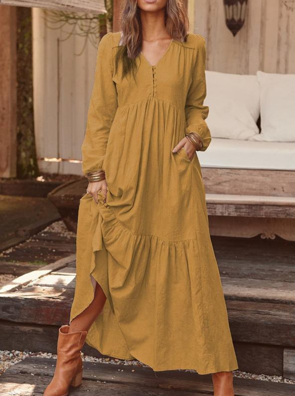 2025 秋冬ヨーロッパとアメリカの貿易婦人服ボタン綿とリネンのレトロカジュアル長袖ドレス大きな裾ロングスカートマルチカラー|undefined